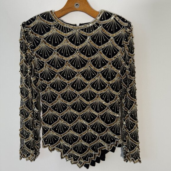 Laurence Kazar 100% Silk Beaded Long Sleeve Blouse Art Deco Glam NYE Event S - Picture 1 of 13